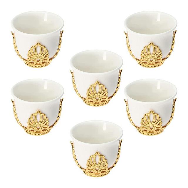 Turkish Espresso Cup, Set of 6 Arabic Turkish Greek Coffee Mirra Porcelain Cups with Holders (Premium Gold, Porcelain)