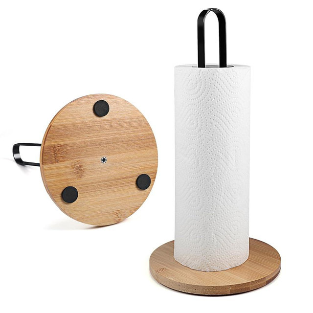 Paper Towel Holder Countertop Standing Paper Roll Holder with Anti-Slip Base Paper Towel Holders for Kitchen Roll Holder Bamboo & Stainless Steel,Black