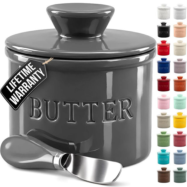 Zulay Kitchen Bell Shaped Butter Crock with Lid for Countertop with Water Line & Spreader Knife, Ceramic French Butter Dish Keeper For Fresh, Soft & Spreadable Butter - Gray