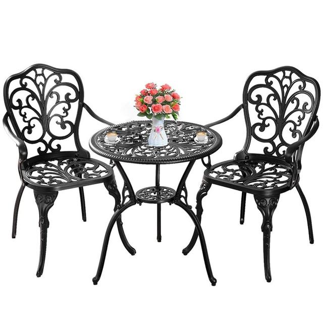 Withniture 3 Piece Patio Bistro Set Cast Aluminum Bistro Table and Chairs Set of 2 with Umbrella Hole,All Weather Metal Bistro Table Set,Outdoor Patio Furniture Set for Garden(Butterfly Black)