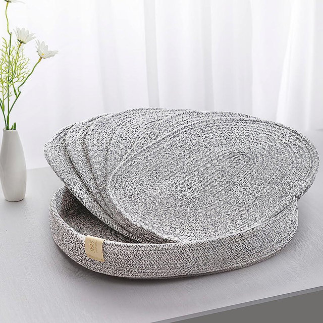 Art Pinecone's Woven Cotton Rope Oval Placemat Set of 6, 16 * 12 inches. Heat Resistant and Non-Slip Rope Placemats - Complete with Holder and Perfect for Table Decor! (Gray Mixed)