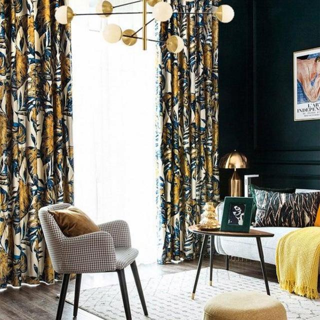 Pair of Gold Velvet Floral Curtain Draperies, Curtains with Palm Tree Pattern, Living & Bedroom Curtains, Custom Curtain