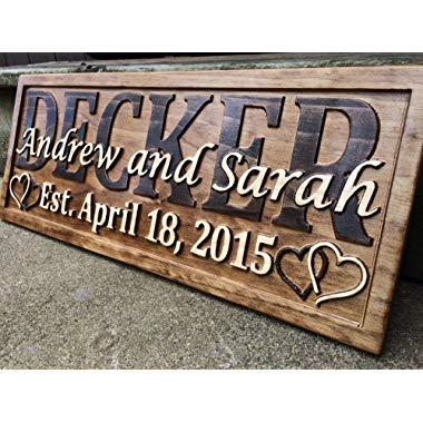Personalized Wedding Gift Last Name Established Sign Family Name Signs Custom Wood Sign Carved Wood Sign 3D Hearts 5 Year Anniversary Gift