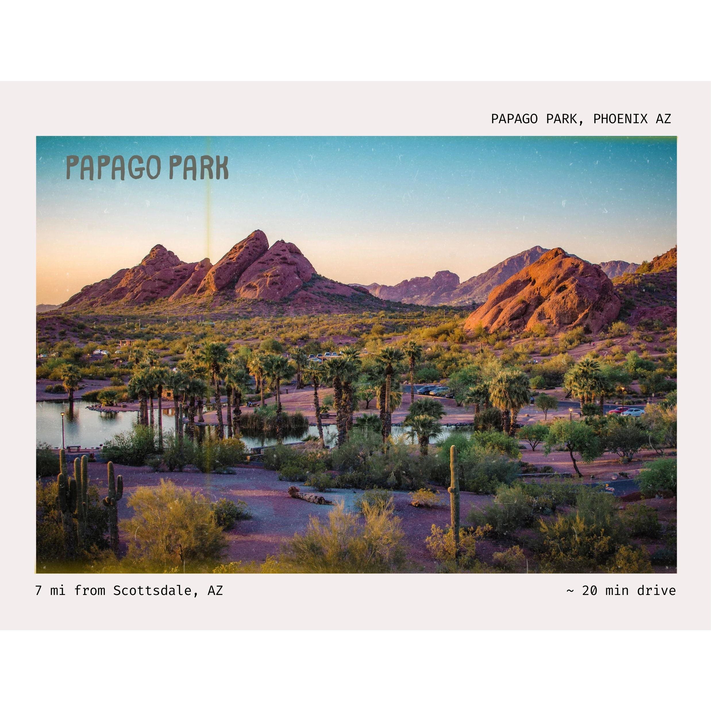 Papago Park in Phoenix is known for its red sandstone buttes, easy desert trails, and the famous Hole-in-the-Rock formation—plus it’s home to the Desert Botanical Garden and Phoenix Zoo.