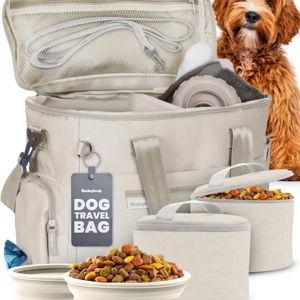 The Original Doggy Bag™ - Complete Dog Travel Bag for Supplies with 2 BPA-Free Travel Dog Bowls & 2 Pet Food Containers - Traveling Kit for Road Trips, Camping, Weekend Away or Doggy Gift: Beige