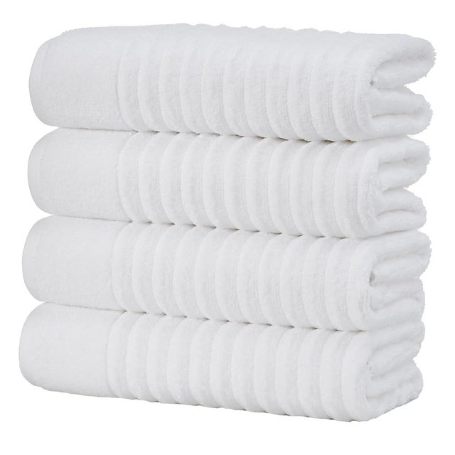 Great Bay Home White Bath Towel Set, 4 Pack Quick Dry, Ribbed Bath Towel Set. Zero-Twist, Combed 100% Cotton, Ultra-Soft, Luxurious Towels for Bathroom (4 Pack, White)