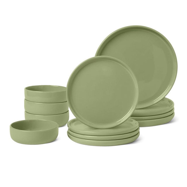 Amazon Basics Glazed Stoneware Dinnerware, Ceramic 12-Piece Set, 4 Full Place Settings, Dishwasher-Safe, Olive