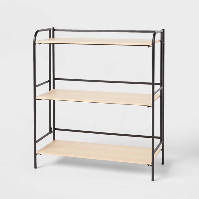 Folding 3 Shelf Wide Black Metal with Natural Wood Shelves - Brightroom™