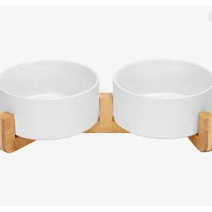 SpunkyJunky Ceramic & Wood Non-Slip Weighted Dog Bowls, 2 count, 3.6cup