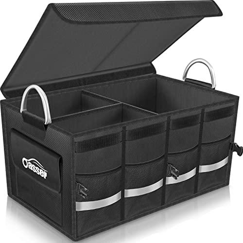 Oasser Trunk Organizer Cargo Organizer Trunk Storage Waterproof Collapsible Durable Multi Compartments with Foldable Cover Aluminium Alloy Handle Reflective Strip