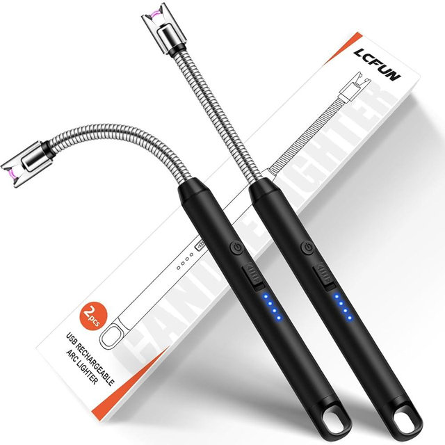 2 Pack Electric Candle Lighter Windproof with 360° Flexible Neck & Safety Lock, Christmas Stocking Stuffers, USB Rechargeable Flameless Arc Long Lighters for Grill, BBQ, Camping, Fireplace, Stove