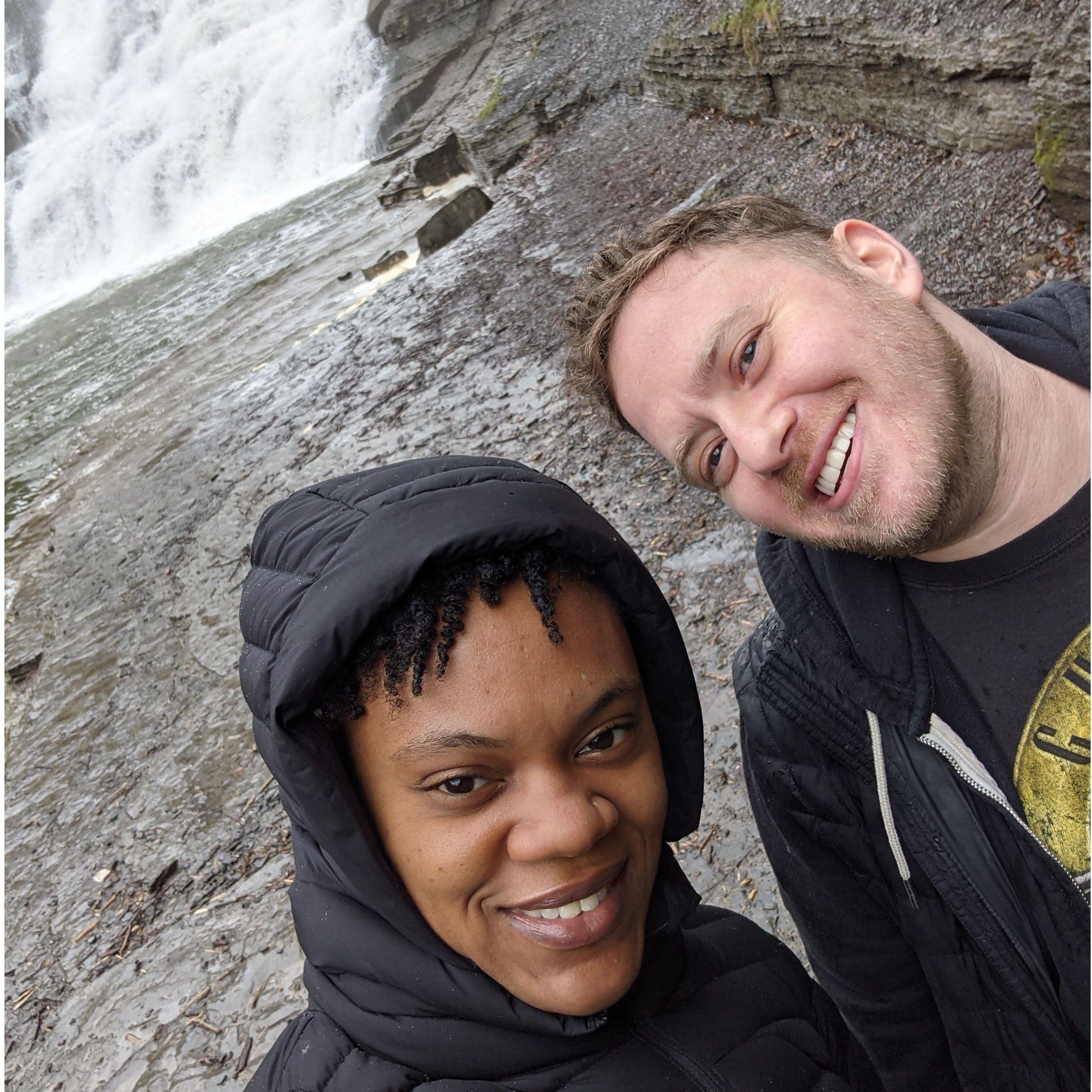 Hiking in Ithaca, Matt's "Gorges" College Town. Fun Couple Fact: Andrele gets cold and Matt wears band t-shirts.