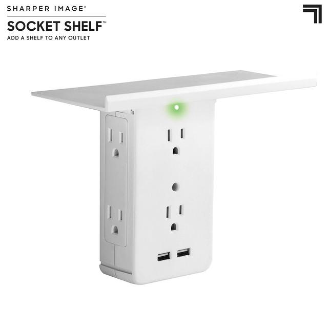 Socket Shelf- 8 Port Surge Protector Wall Outlet, 6 Electrical Outlet Extenders, 2 USB Charging Ports & Removable Built-In Shelf UL Listed
