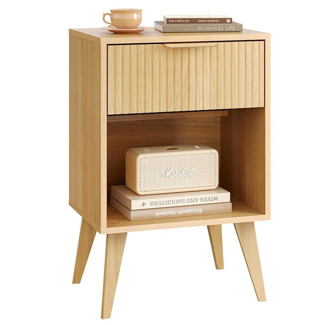 YAUKOMEL Fluted Night Stand with Opening Storage,Mid Century Bedside Table with Drawer,Wood Nightstand with Solid Wood Legs,End Table Side Table for Living Room,Bedroom,Natural CTG56Y