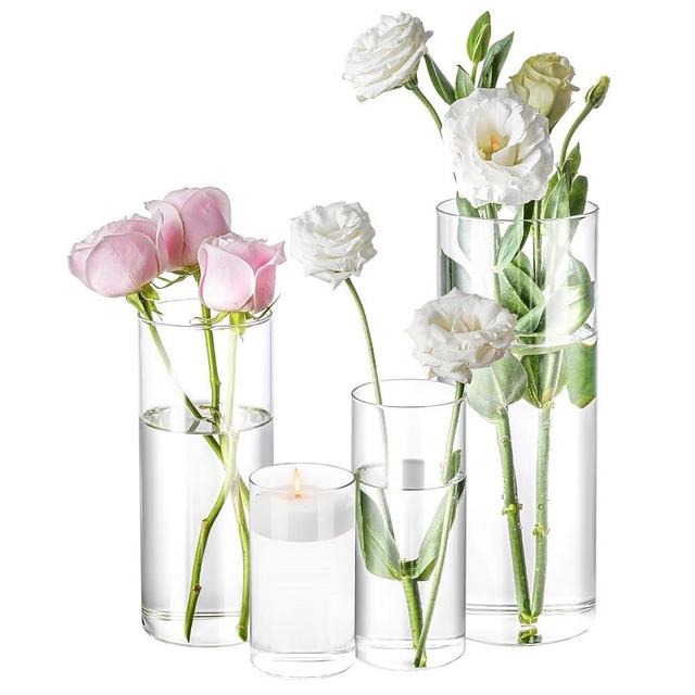 4 Pack Glass Cylinder Vases 4,6,8,10 Inch Tall Clear Flower Vase Hurricane Floating Candle Holder for Table Centerpiece Wedding Home Decor