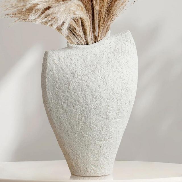 KetosKun Large Ceramic Vase for Decor Living Room, 11 inch Tall White Ceramic Flower Vases, Boho Vase for Farmhouse Home Decor, Stone Textured Modern Nordic Artisan Vases for Centerpiece, Leak Proof