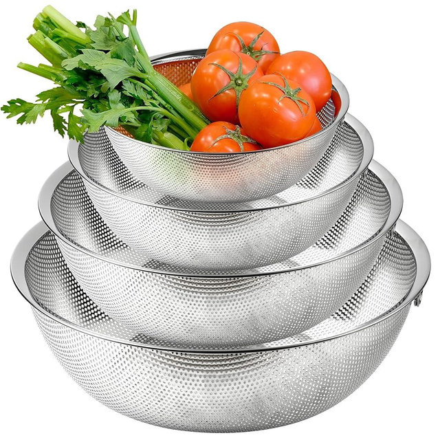 COMPORT K Premium 18/8 304 Stainless Steel Micro-Perforated Small and Big Colander Set of 4 with rings - 3.5-5.5-7.5-9.5 Quart Set, Self-Draining Solid Base for Pasta, Fruits, Vegetables