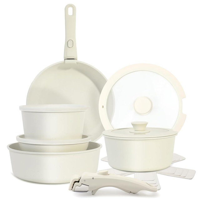 Cuisinluv 15PCS Pots and Pans Set Non Stick, Kitchen Cookware Sets with Detachable Handle, Ceramic Cookware Sets, Non Stick RV Cookware Cooking Set, Dishwasher ＆ Oven Safe, PFOA Free, Cream White