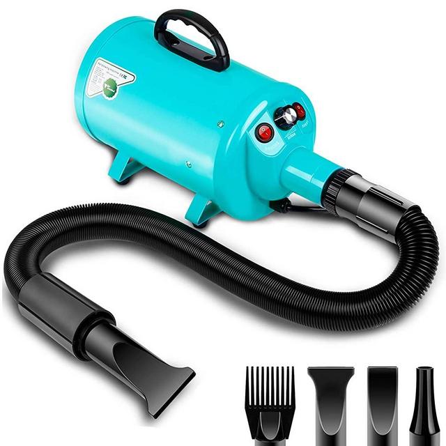 amzdeal Dog Dryer 2800W/3.8HP Stepless Adjustable Speed Pet Hair Grooming Blower, Home Use/Professional Pet Hair Force Blower Blaster with Heat System, Spring Hose, Blue