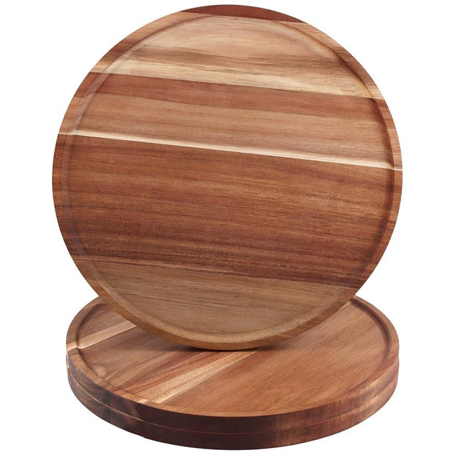 MOUYAT 3 PCS Acacia Wood Dinner Plates, 12 Inch Round Wooden Plates Wood Charger Plates Serving Platters Tray for Snack Cheese Dessert Salad