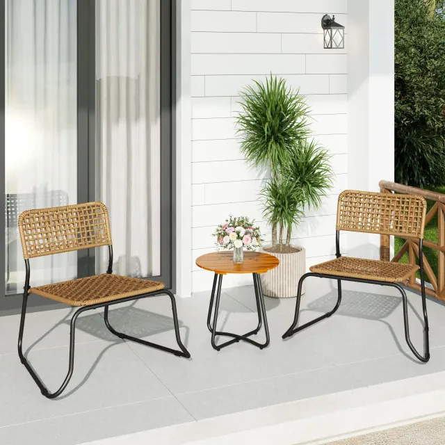 Captiva Designs 3pc Small Space Outdoor Furniture Dining Bistro Set with Wood-top Table & All-weather Woven Chairs