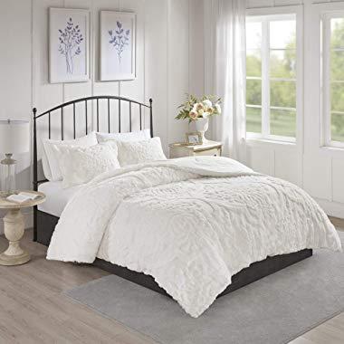 Madison Park Viola Comforter Reversible Cotton Chenille Damask Flower Floral Botanical Tufted Fringe Soft Overfilled Down Alternative Hypoallergenic All Season Bedding-Set, Full/Queen, White