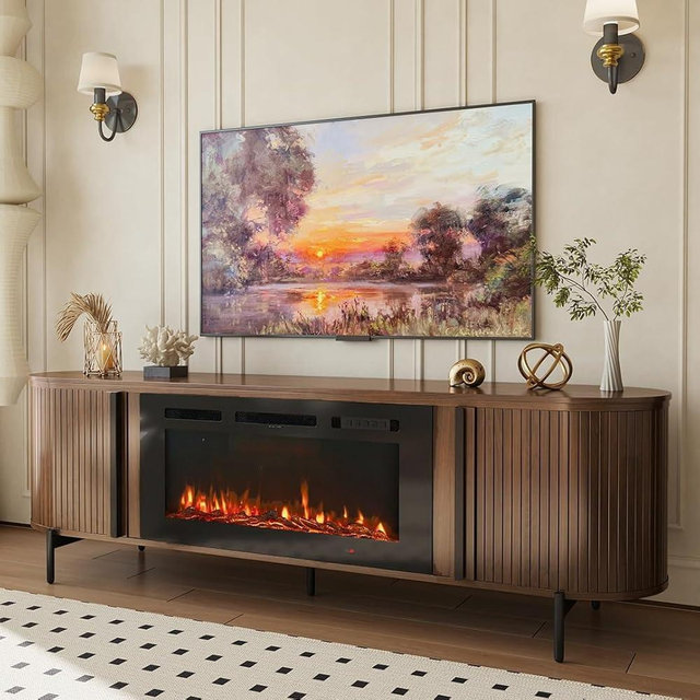 Nordivale Luxury 70" Fluted TV Stand with Fireplace, Mid Century Modern TV Stand, Entertainment Center for TVs Up to 80", Electric Fireplace TV Console for Living Room with Storage,70 Inch, Brown