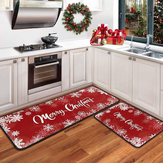 Christmas Kitchen Rugs Set of 2 Kitchen Floor Mats Non-Slip Backing Kitchen Mat Xmas Decorative Washable Doormat Runner Rug Merry Christmas Decorations for Home