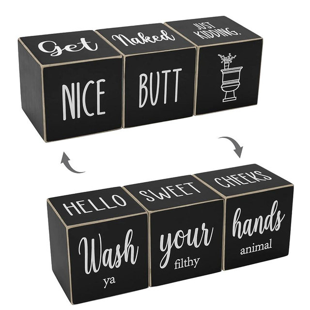 Airrioal Farmhouse Bathroom Decor,Cute Funny Bathroom Signs,4 Sides-Nice Butt&Get Naked&Hello Sweet Cheeks&Wash Your Hands Wooden Modern Rustic Black Bathroom Decor for Shelf,Restroom Decorations,2.8"