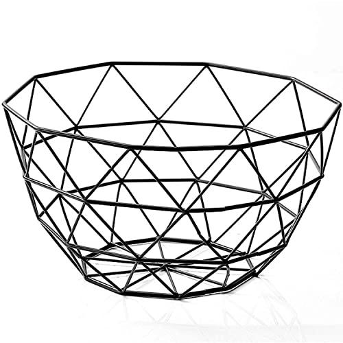 Wire Fruit Basket, Creative Mesh Fruit Dish Basket Bowl, Round Black Large Metal Storage Baskets, Modern Style Container Centerpiece for Vegetables, Bread, Snacks, Potpourris (Black, Large)