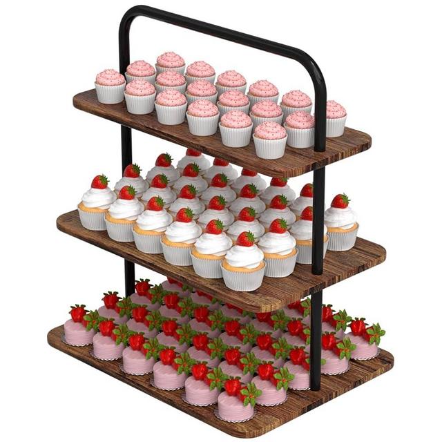 VyGrow Cupcake Stand, 3-Tier Dessert Stand for 71 Cupcakes, Wood & Metal Tower Display Premium Holder Dessert Tree Tower for Christmas Birthday Weddings Party Decor, Serving Tray, Wood Brown