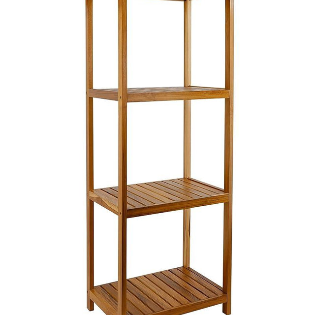 VaeFae Teak Bathroom Shelf, 4-Tier Storage Shelf, Wooden Stand Shelf Organizer for Bathroom, Kitchen, Living Room, Laundry, Garage