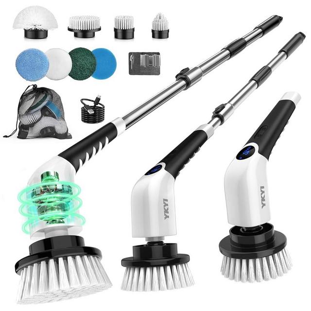 YKYI Electric Spin Scrubber-Cordless Power Scrubber with 8 Brush Heads, 3 Speeds & Adjustable Long Handle, IPX7 Waterproof Shower Cleaning Brush for Bathroom Tile, Bathtub, Grout, Kitchen(White)