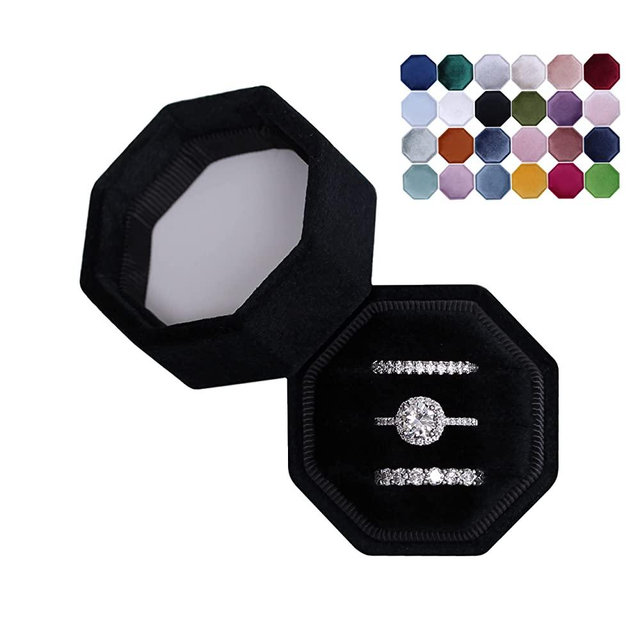 BLUTETE Velvet 3 Slots Jewelry Ring Box Engagement Wedding Box Keepsake Box Bridal Photo Ring Triple Slots Octagon (Black)