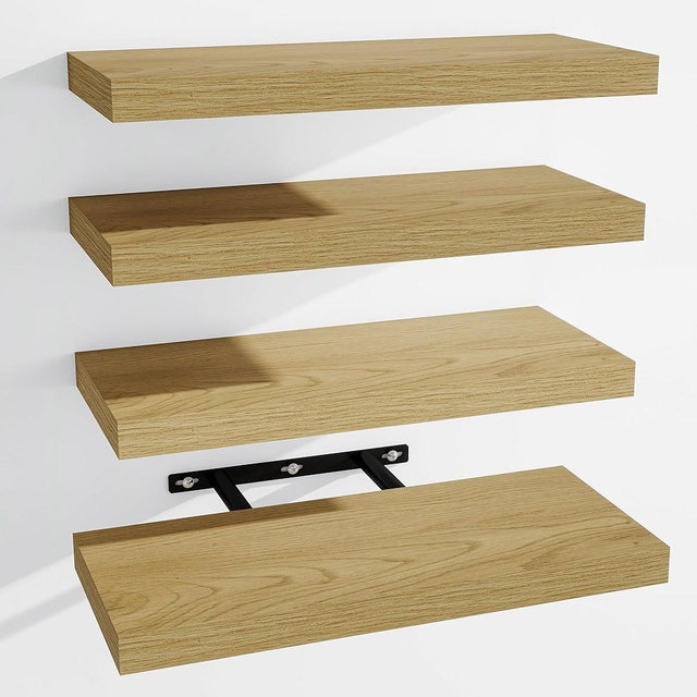 Venusmiles Floating Shelves for Wall, Wall Mounted Shelves with Invisible Brackets, 4 Small Wood Floating Wall Shelf Shelves for Living Room, Bedroom, Kitchen, (Oak, 15" W x 6" D x 1" H)