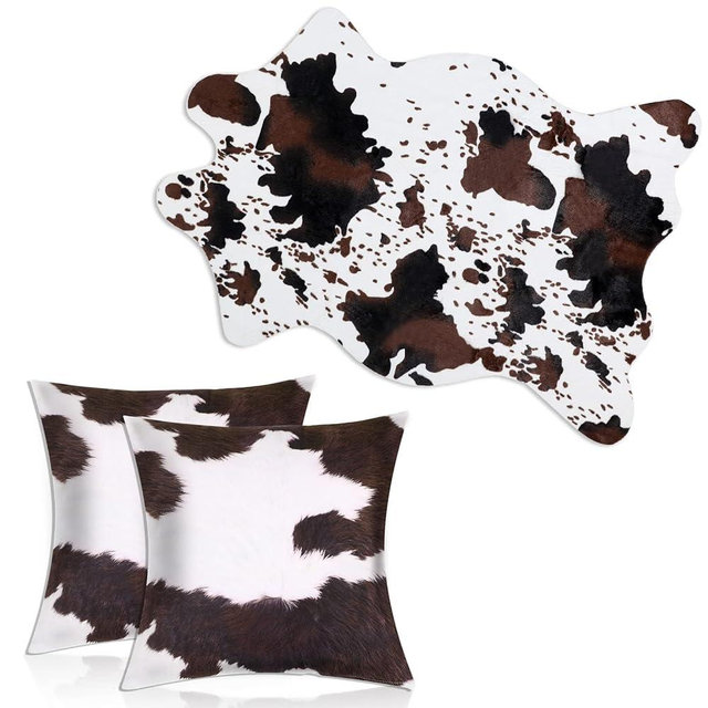 3 Pcs Cow Print Rug and Cowhide Pillowcase Set 3.6x2.5ft Faux Cowhide Area Carpet Faux Cow Hide Rug Faux Cow Mat Cow Print Pillows for Living Room Bedroom Office Western Decor