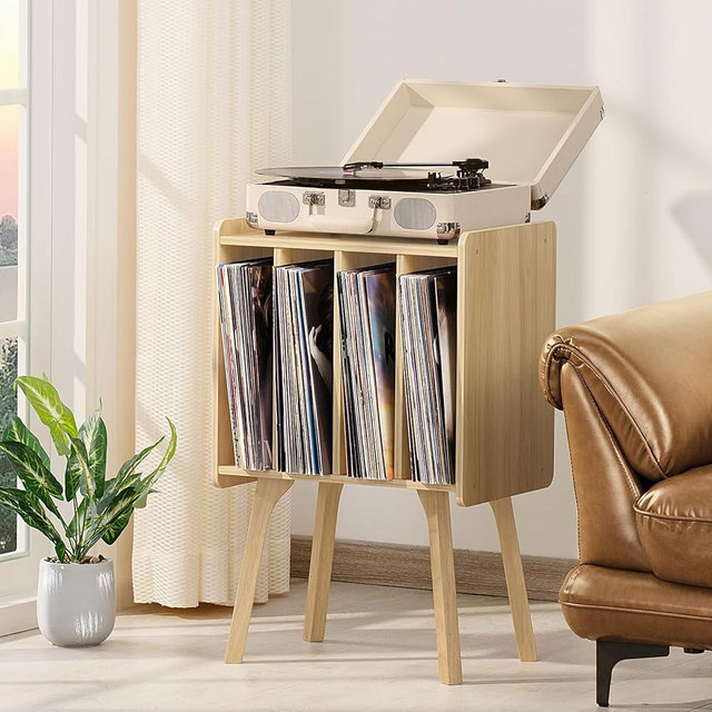 Lerliuo Record Player Stand with Storage Holds Up to 80 Albums, Turntable Stand with Beech Wood Legs, Mid-Century Record Player Table,Natural Vinyl Holder Display Shelf for Bedroom Living Room