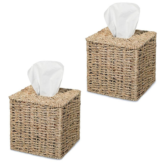 Set of 2 Seagrass Handwoven Wicker Tissue Box Cover, Natural Handmade Napkin Box Holder, Handcrafted Square Facial Tissue Holder for Bathroom, Rustic Decorative on Table and Bathroom,Boho Decorative