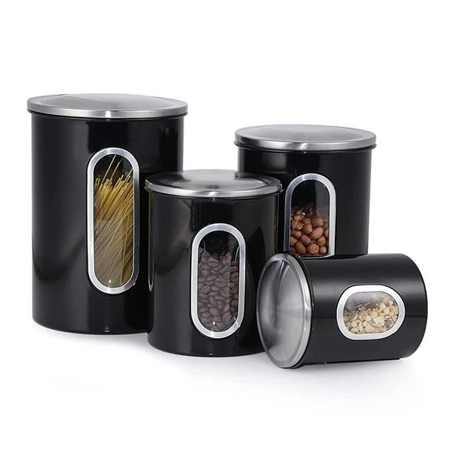 Malmo Canisters Set, 4 Piece Window Kitchen Canister with Fingerprint Resistance Lids, Black