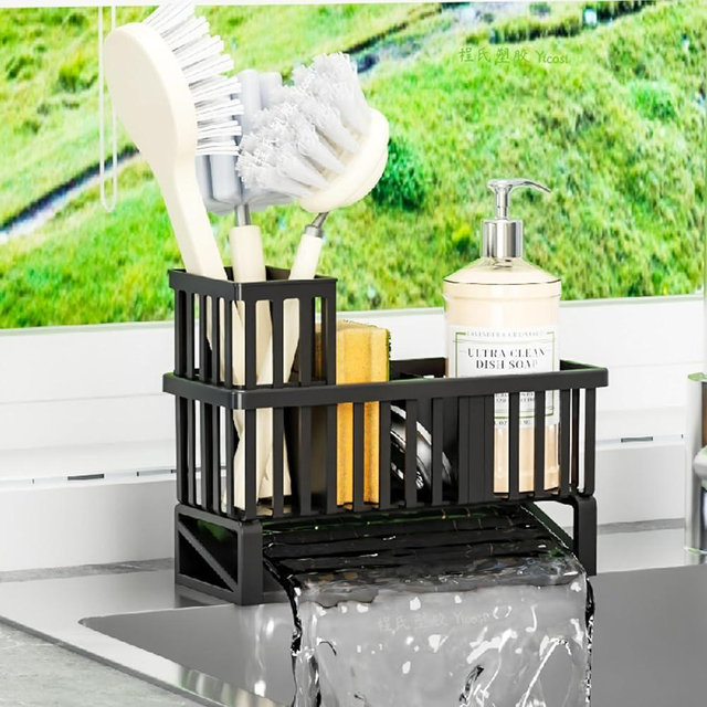 Yieach Rustproof Sink Caddy & Kitchen Sink Organizer,Plastic Dish Sponge Holder with High Scrub Brush Holder,Sponge Rack for Kitchen Sink,Multifunctional Sponge Drain Rack,Dish Soap Caddy & Dispenser