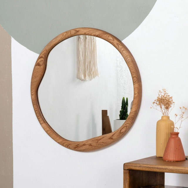 Handmade American Walnut Round Mirror, Elegant Wood Frame