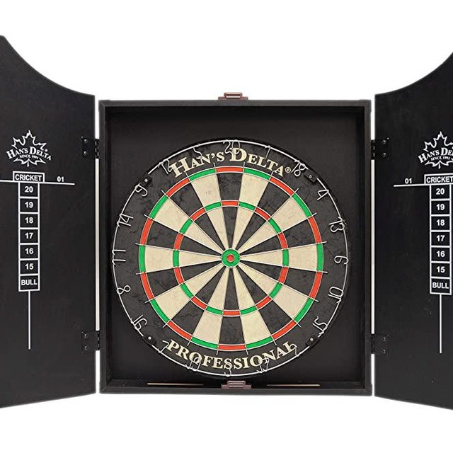 HAN'S DELTA Professional Bristle Dartboard Cabinet Set, Metal Corner Reinforcement, Regulation Steel Tip Dartboard, Includes 6 Steel Tip Darts and Scoreboards (Black)