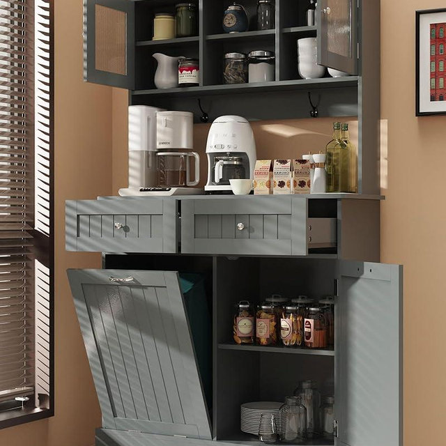 YOCONYO Tilt Out Trash Cabinet,Storage Cabinet,Two Solid Wood Hideaway Trash Holder Drawers,Wooden Freestanding Recycling Cabinets,Trash Can for Kitchen,Gray