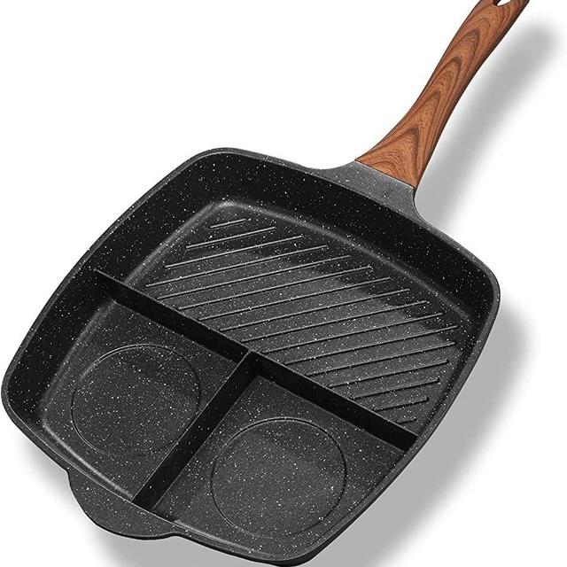 Aoorun Frying Grill Pan - Nonstick 3-IN-1 Grill Pans for Stove Tops with Granite Coating & Solid Wood Handle, Induction Compatible, 11 Inch