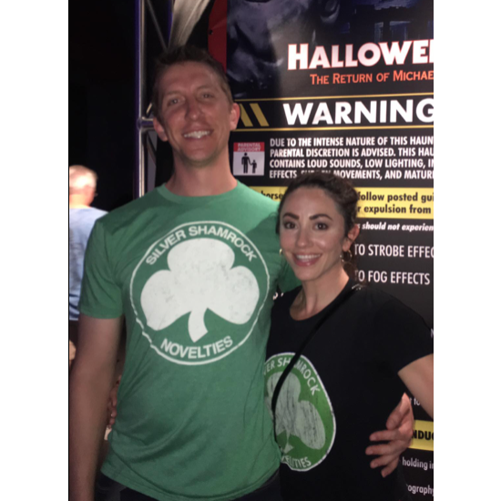 I guess all you get of us is Halloween-theme pictures, because here we are in Silver Shamrock Novelties shirts in front of the Halloween IV house at Halloween Horror Nights at Universal Orlando!