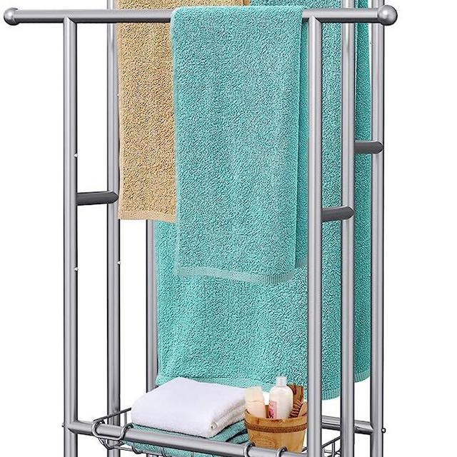 40" Tall Freestanding Towel Racks for Bathroom, 3 Tier Floor Towel Rack with Storage Basket, Blanket Ladder Drying and Display Rack for Large Bath Towel & Hand Towel Outdoor Poolside (Silver)