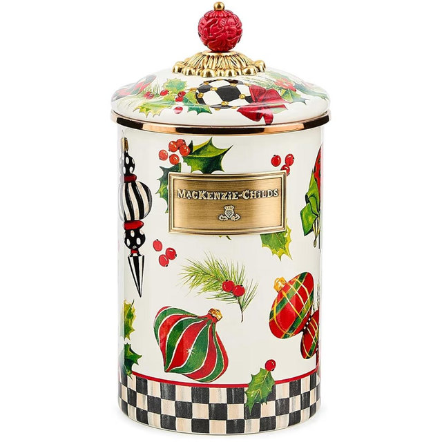 MACKENZIE-CHILDS Enamel Canister, Kitchen Storage Container with Lid, Large, Deck the Halls