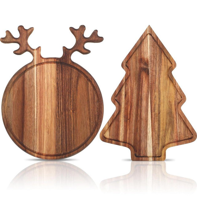 Umigy 2 Pcs Christmas Charcuterie Boards Christmas Tree Wooden Cutting Board with Handle Antler Acacia Wood Cute Cutting Board for Cheese Fruit Bread Salad Vegetables Snack Dessert