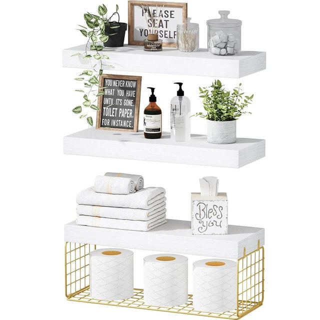QEEIG Gold Bathroom Shelves Over Toilet - Wall Mounted Floating Shelves Modern Shelf Toilet Paper Storage Small 16 inch Set of 3, White and Gold (019-WG3)