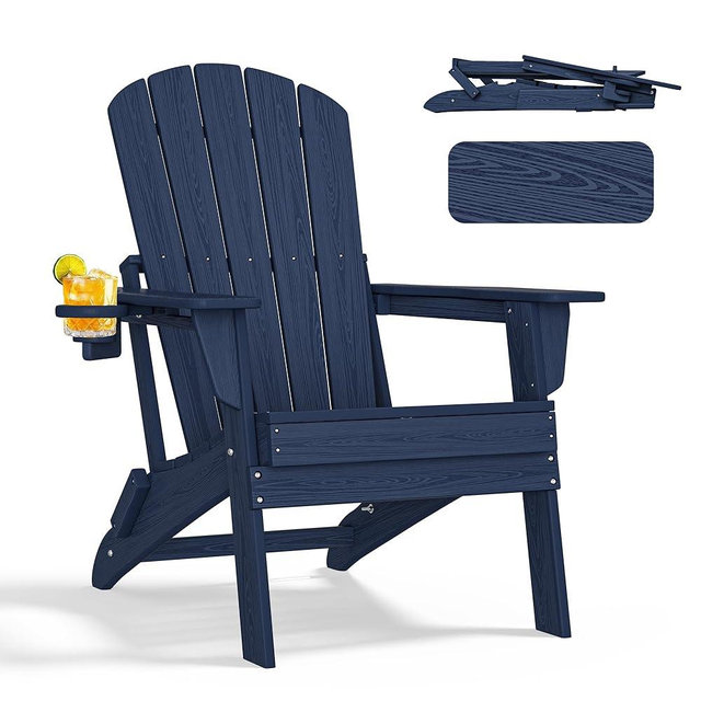 nevilywood Folding Adirondack Chair - Extended Ergonomic Backrest, Cup Holder - Easy Assembly - Durable HDPE Plastic, Weather Resistant & Maintenance-Free - Lawn, Patio, Deck Supports 380lbs NavyBlue